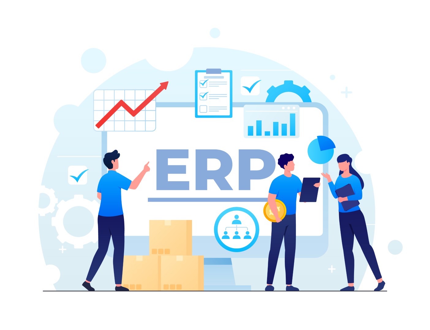 Illustration d’un ERP et d’une équipe pour accompagner la présentation du CRM pour entreprise de Healem à Pau