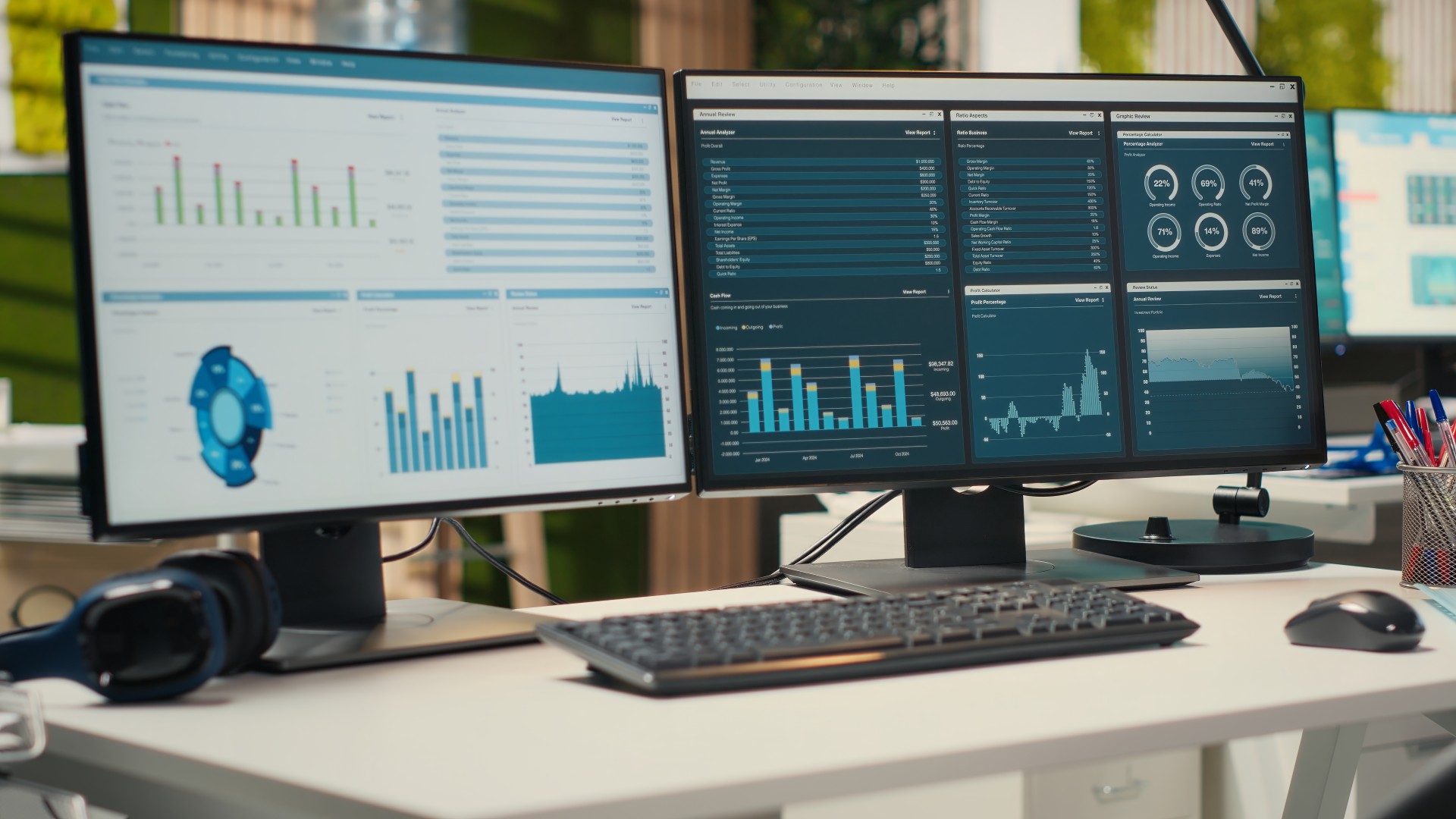 Tableaux de bord sur deux écrans illustrant l’analyse des données pour un audit de sécurité informatique avec Healem à Dax