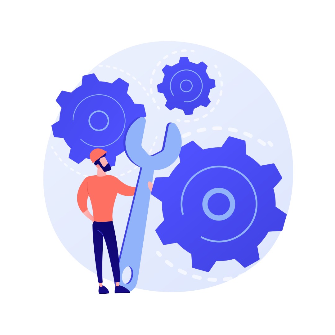 Illustration d’un technicien avec clé et engrenages pour le dépannage informatique de Healem à Tarbes