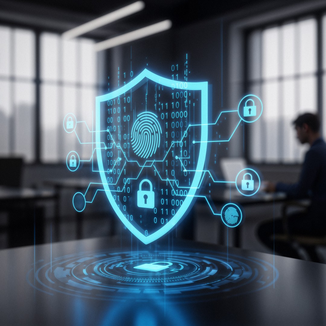 Bouclier numérique avec empreinte digitale illustrant Healem, entreprise de cybersécurité à Tarbes