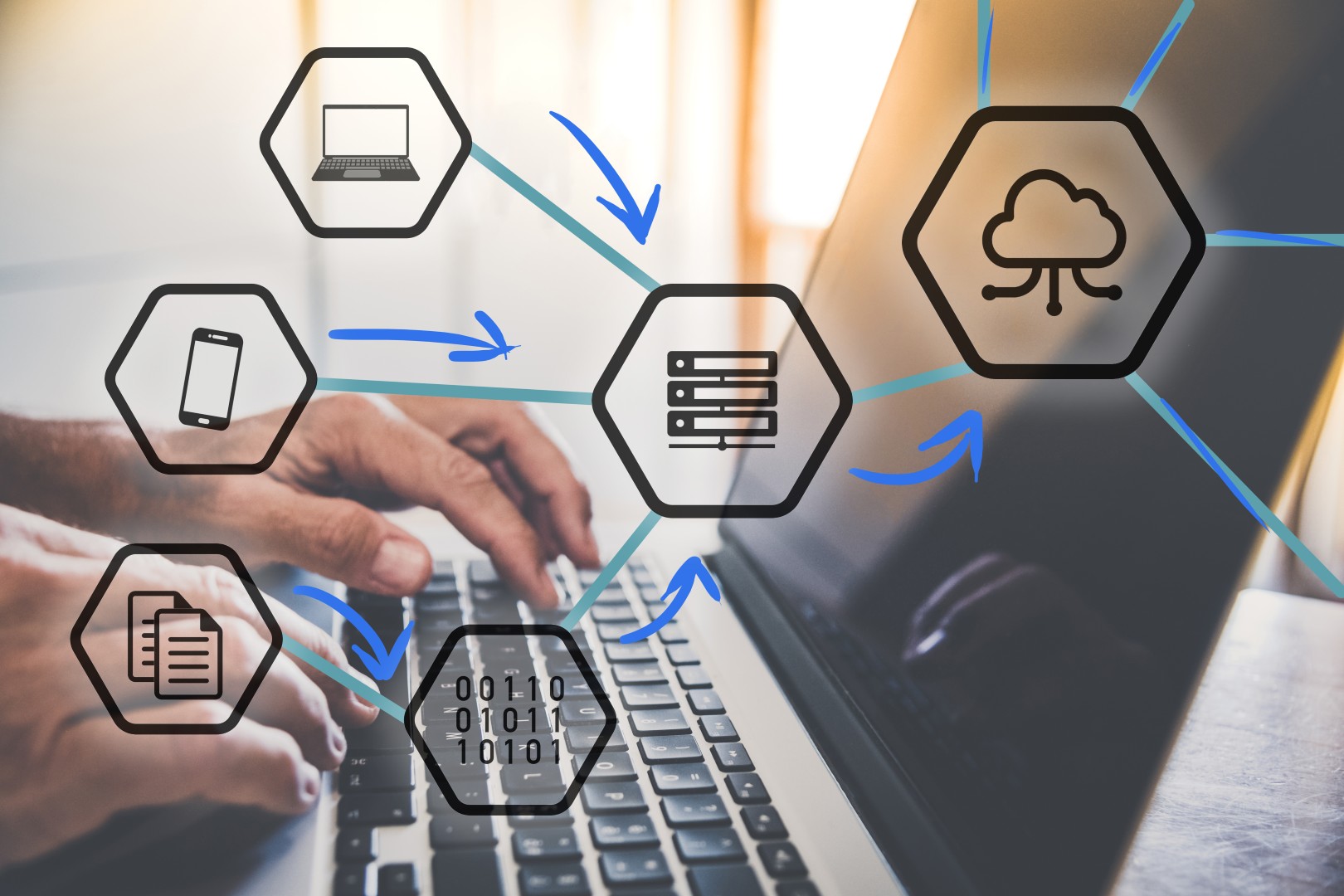 Ordinateur et icônes de serveurs et de cloud illustrant l’externalisation SI proposée par Healem à Bayonne