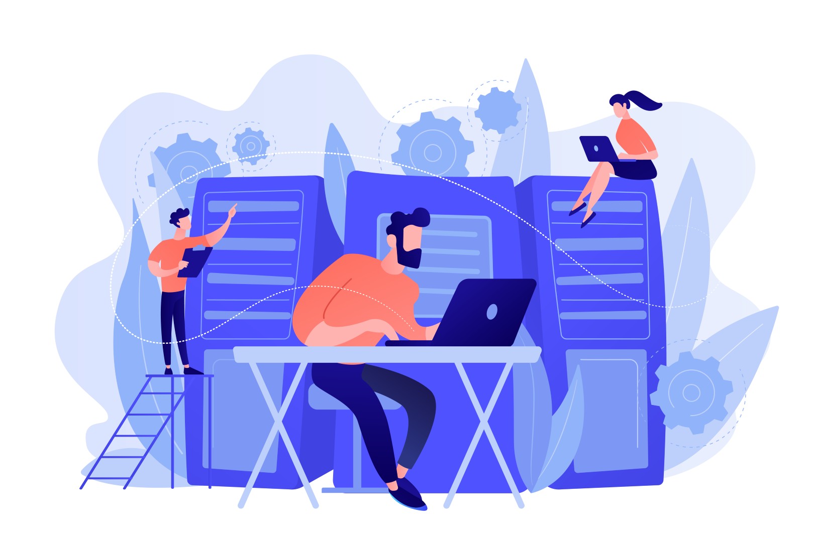 Illustration d’une équipe et de serveurs pour l’externalisation SI proposée par Healem à Tarbes