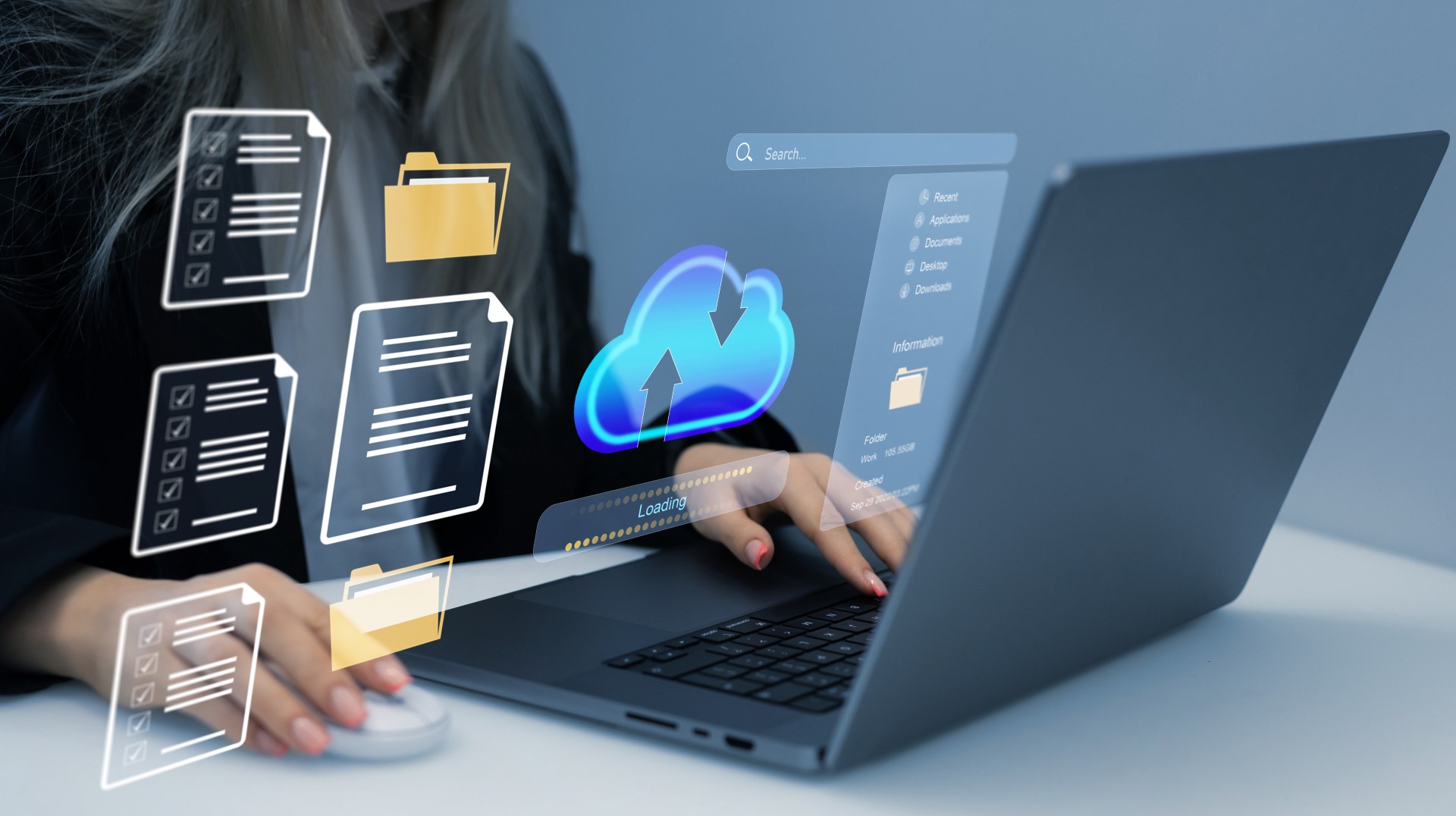 Transfert de documents vers le cloud depuis un ordinateur illustrant l’infogérance cloud de Healem à Dax