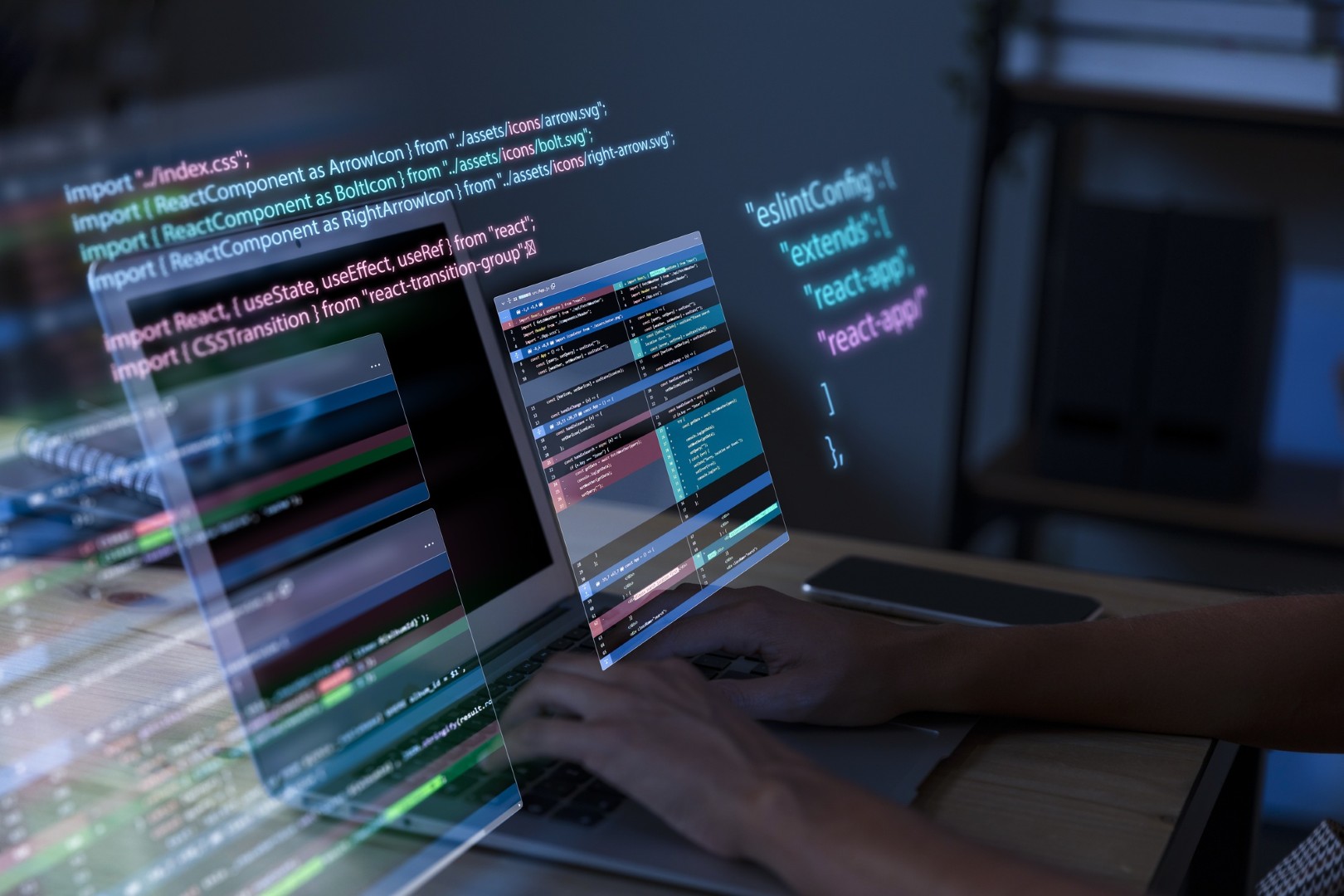 Lignes de code sur plusieurs écrans illustrant l’infogérance de Healem à Saint-Gaudens