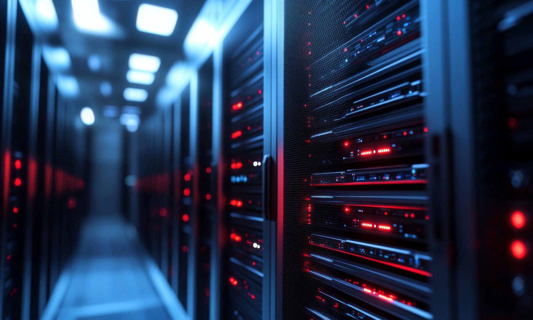 Allée de baies informatiques illustrant l’infogérance de serveurs proposée par Healem à Tarbes