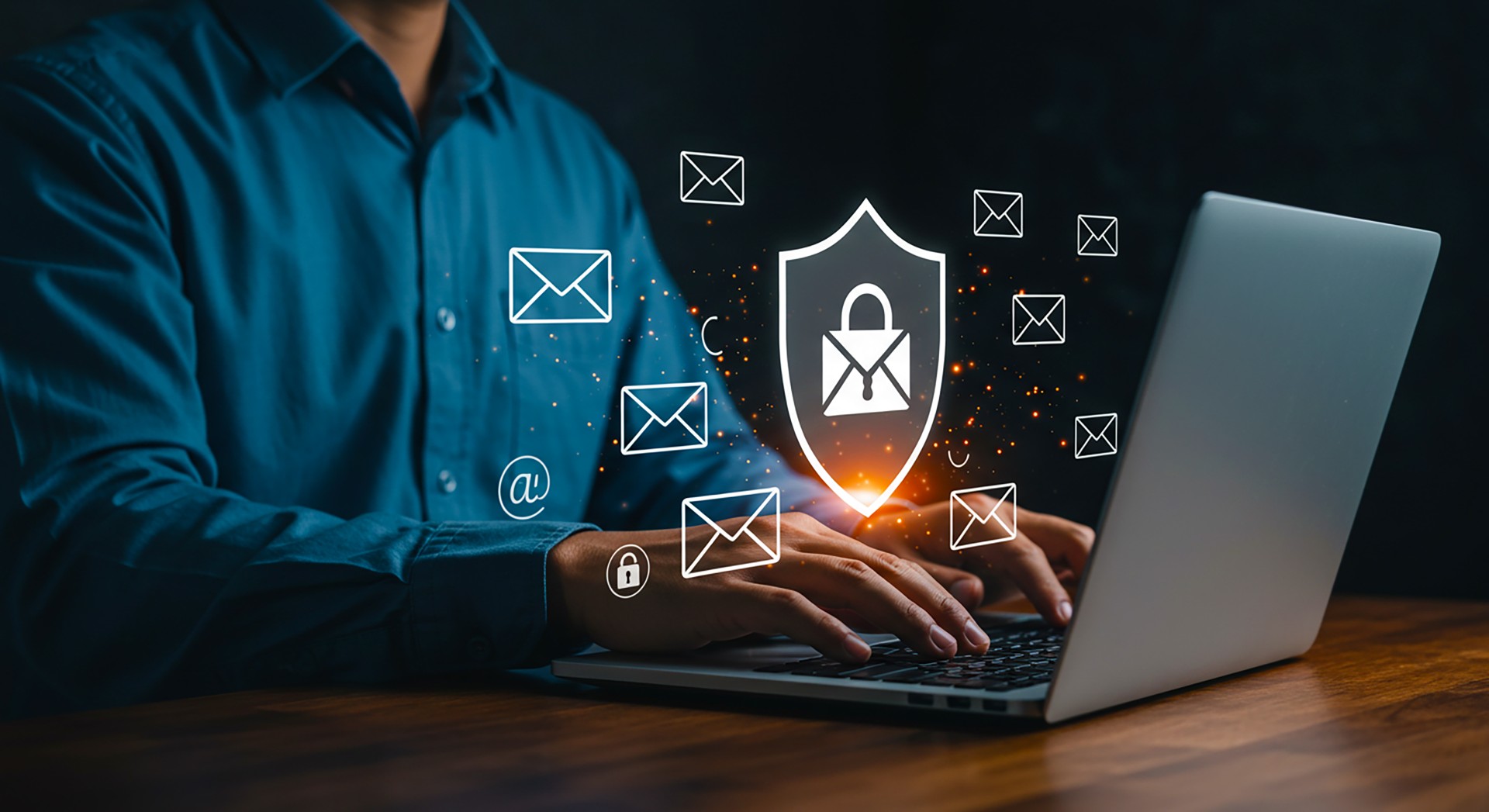Bouclier et e-mails sur ordinateur illustrant la protection de messagerie Mailinblack proposée par Healem à Tarbes