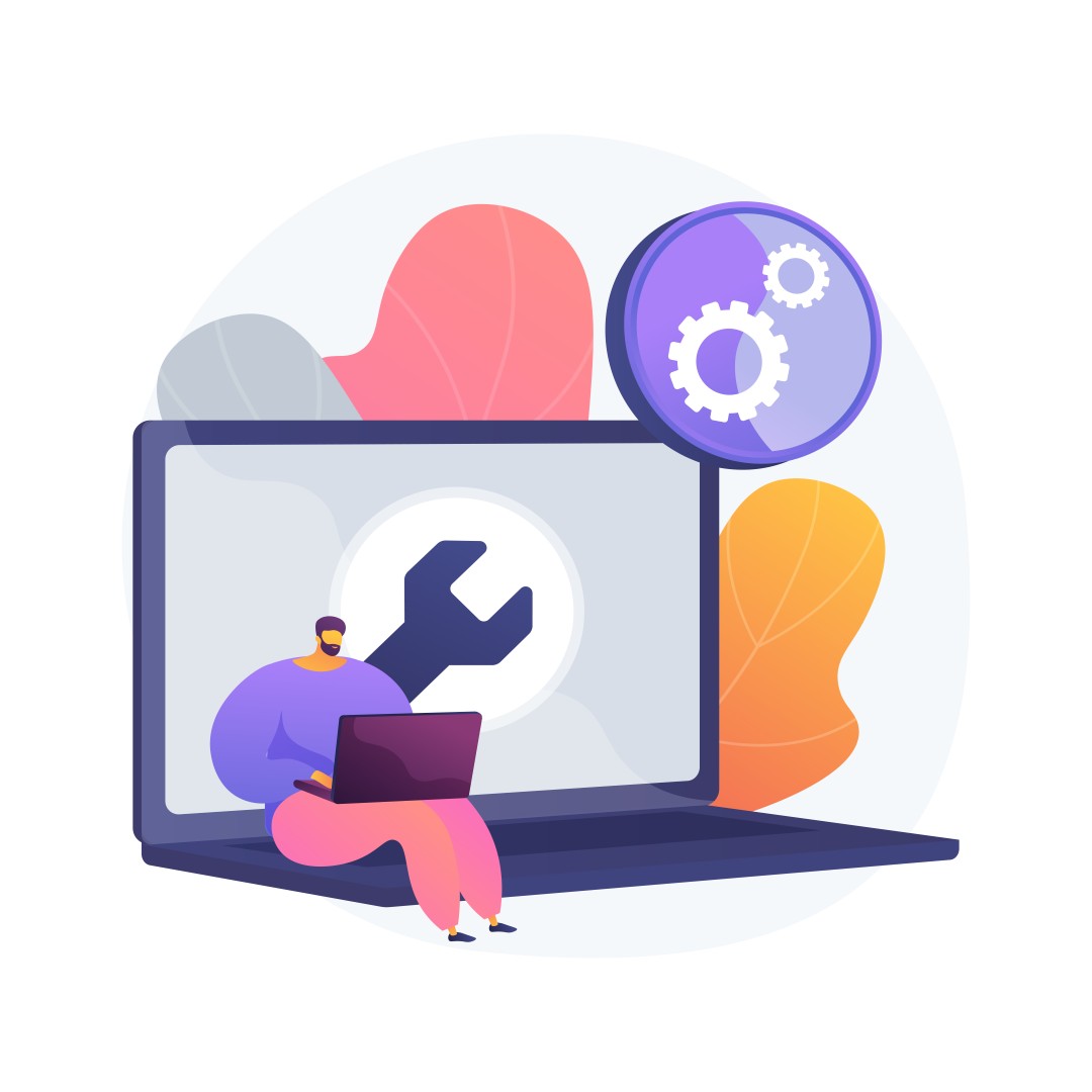Illustration d’un technicien avec ordinateur et clé illustrant la maintenance informatique de Healem à Bayonne