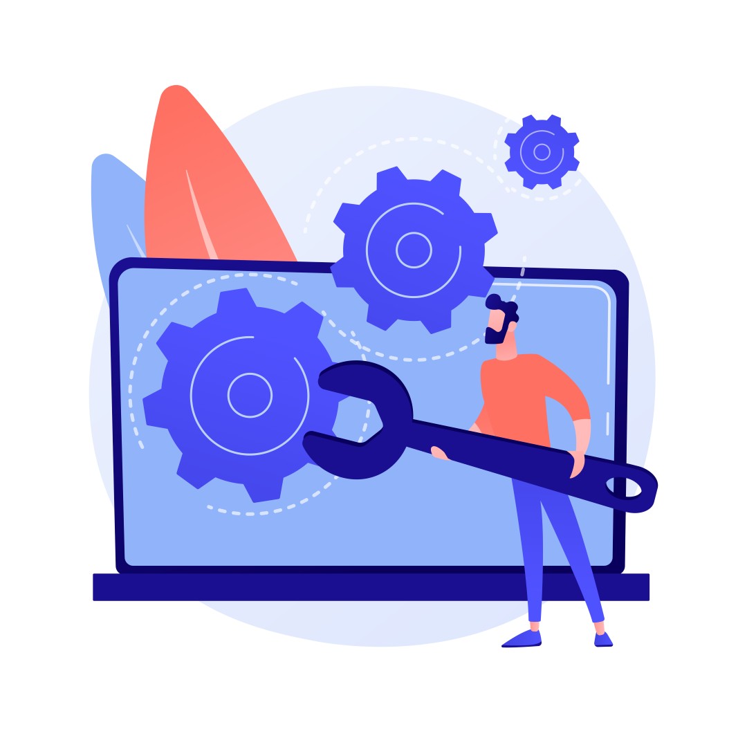 Illustration d’un ordinateur avec engrenages et clé illustrant la maintenance informatique de Healem à Pau
