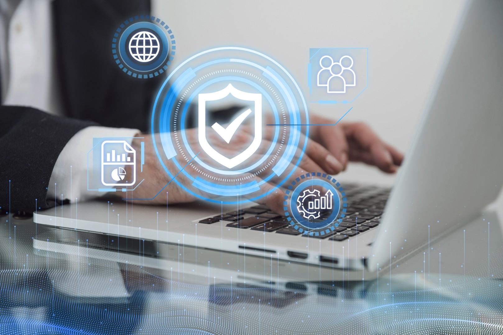 Bouclier et icônes de protection sur ordinateur illustrant une solution de sécurité informatique de Healem à Dax