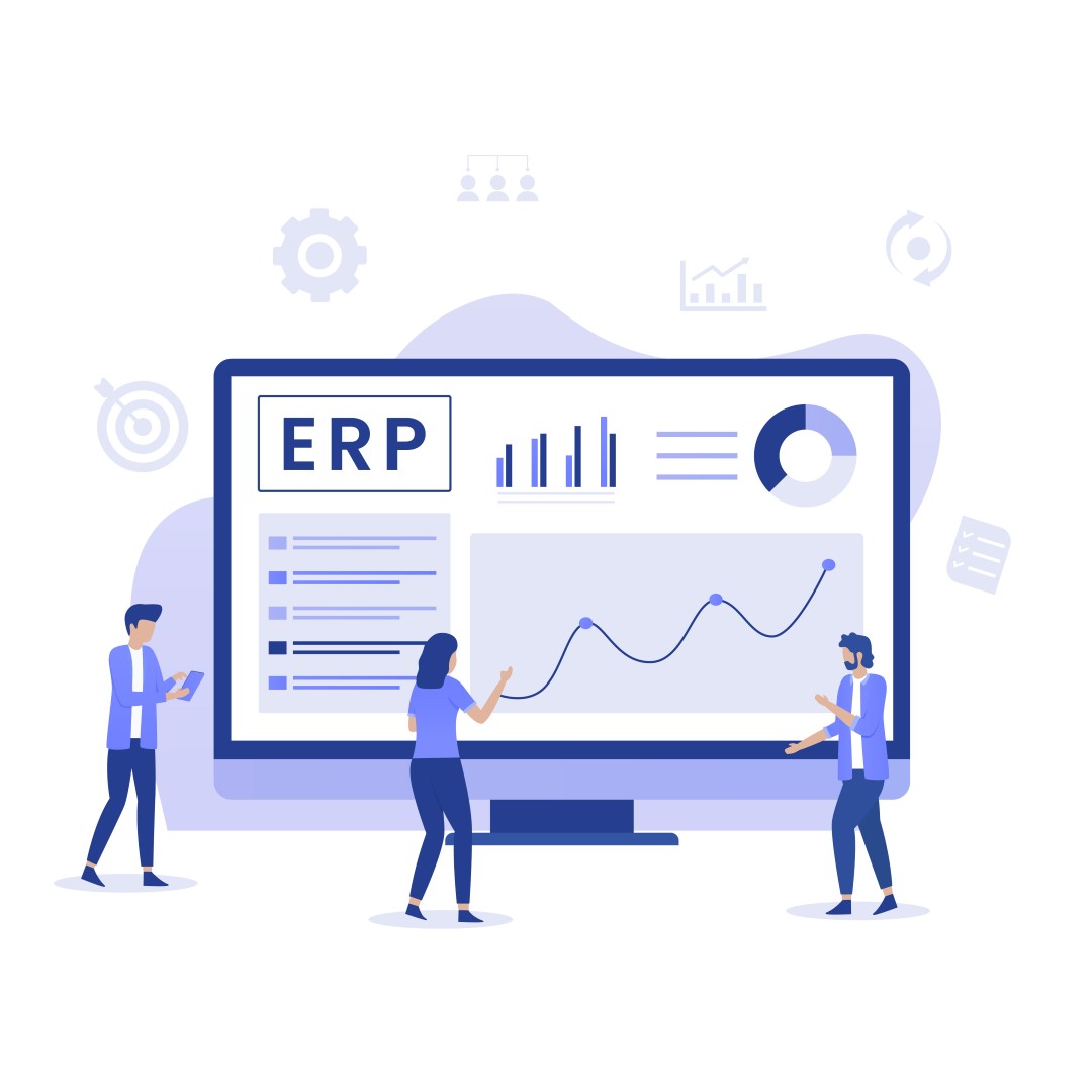 Illustration d’une équipe devant un tableau de bord ERP pour la solution Odoo proposée par Healem